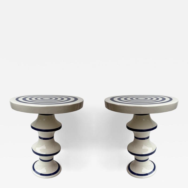 Contemporary Pair of Blue and White Ceramic Stripe Side Tables Italy