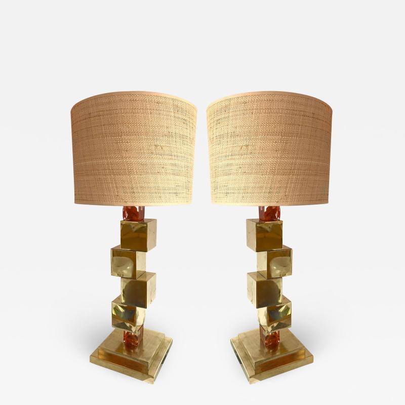 Contemporary Pair of Brass Cube Lamps and Murano Glass Italy