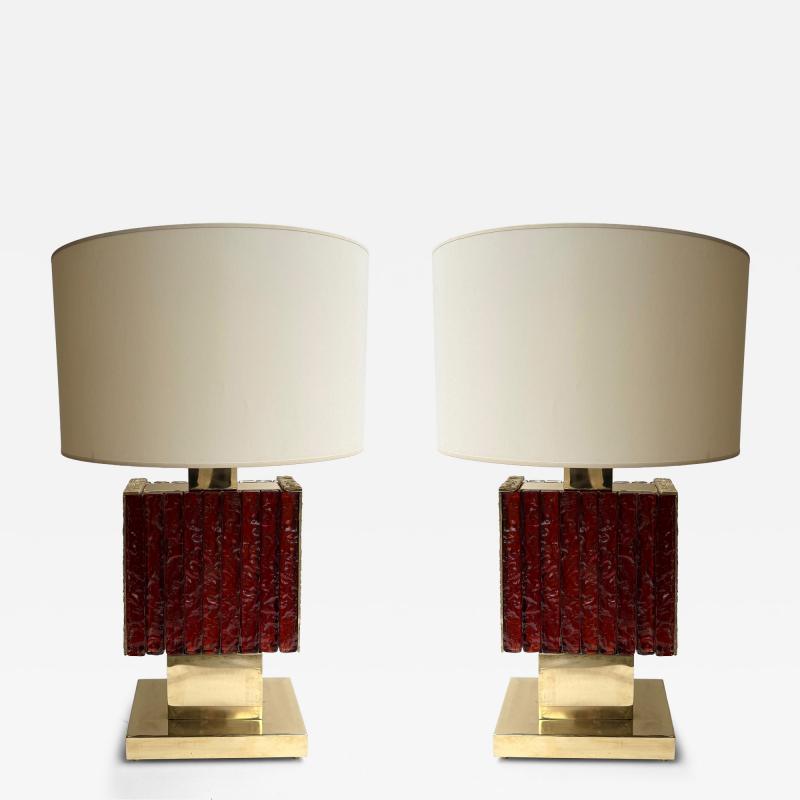 Contemporary Pair of Brass Fusion and Red Murano Glass Lamps Italy