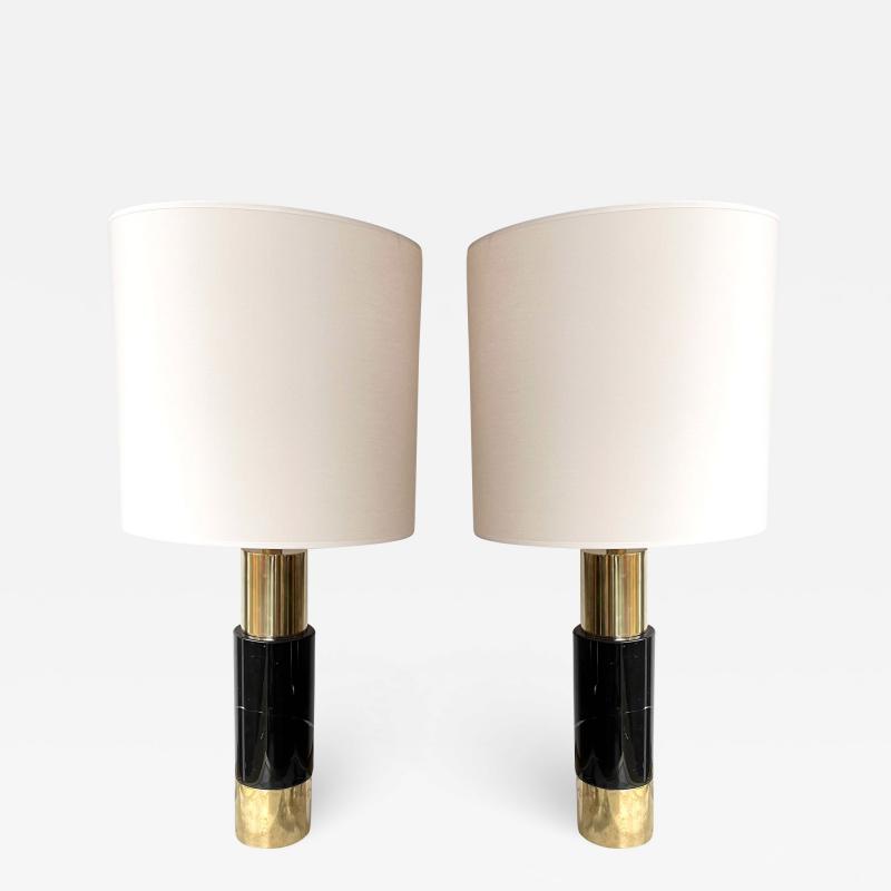 Contemporary Pair of Brass Lamps Black Marble Italy