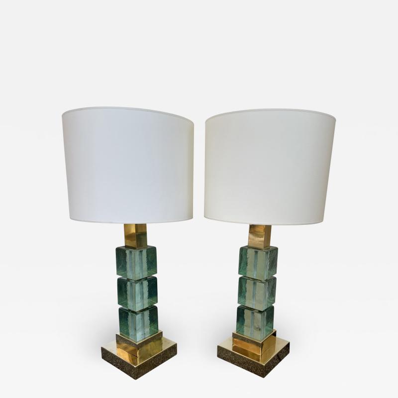 Contemporary Pair of Brass Murano Glass Cube Column Lamps Italy