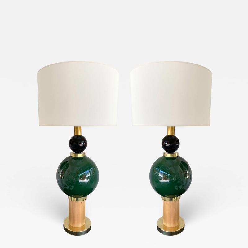 Contemporary Pair of Brass Murano Glass and Wood Lamps Italy