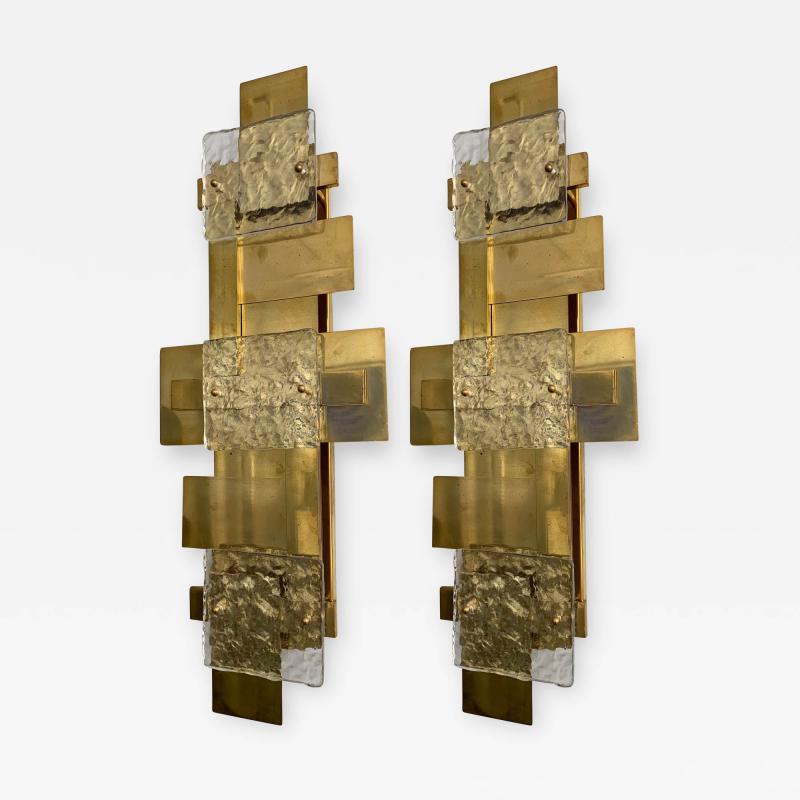 Contemporary Pair of Brass Sconces Geometrical Murano Glass Italy