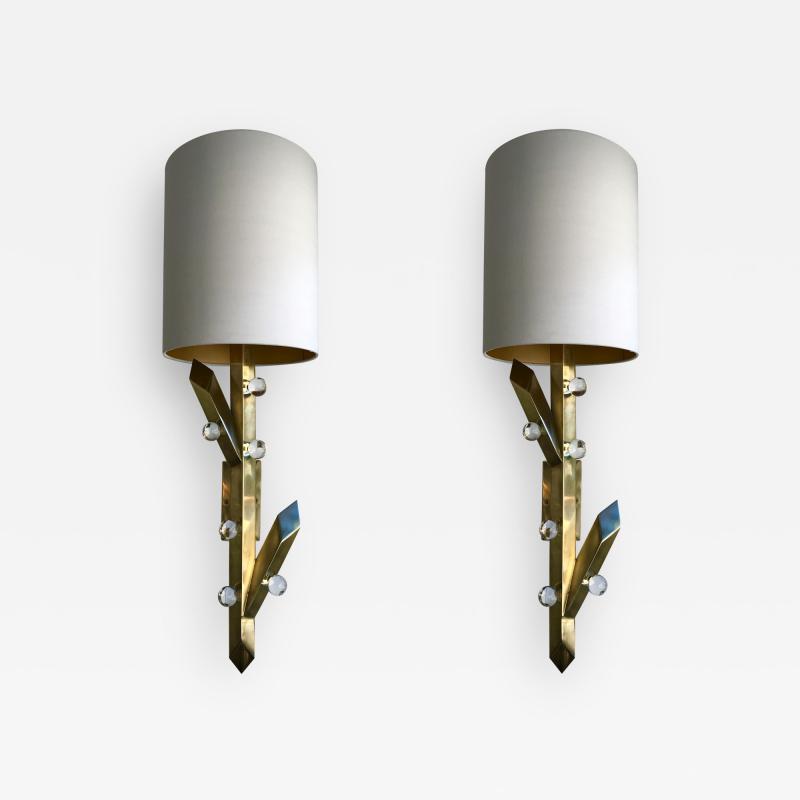 Contemporary Pair of Brass Sconces Plant Murano Glass Italy