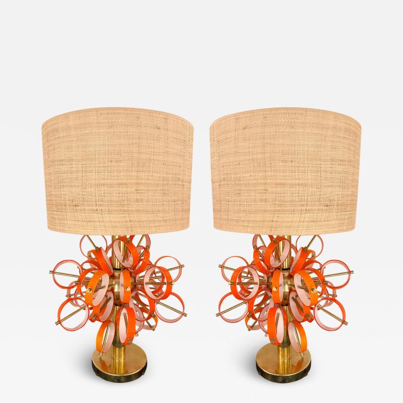 Contemporary Pair of Brass Sputnik Rings Murano Glass Lamps Italy