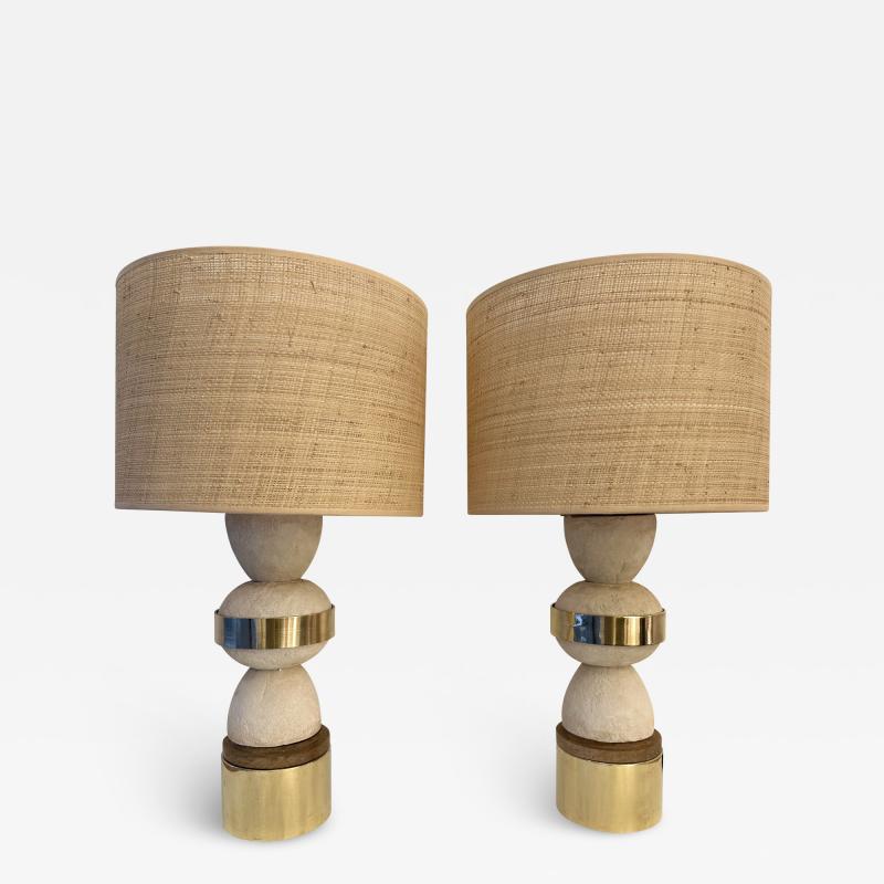 Contemporary Pair of Brass Wood and Concrete Cast Stone Lamps Italy