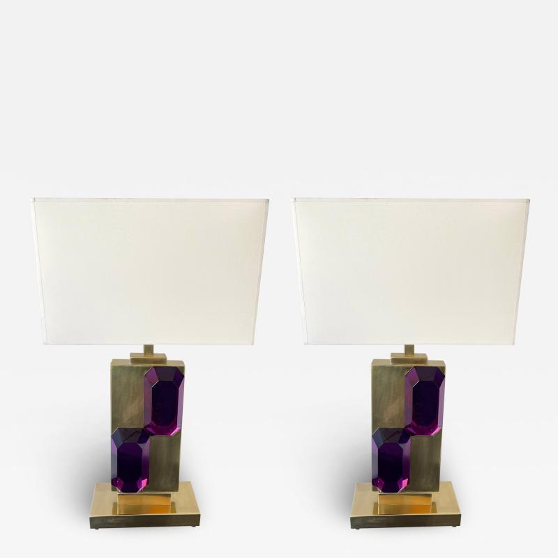 Contemporary Pair of Brass and Amethyst Murano Glass Bar Lamps Italy