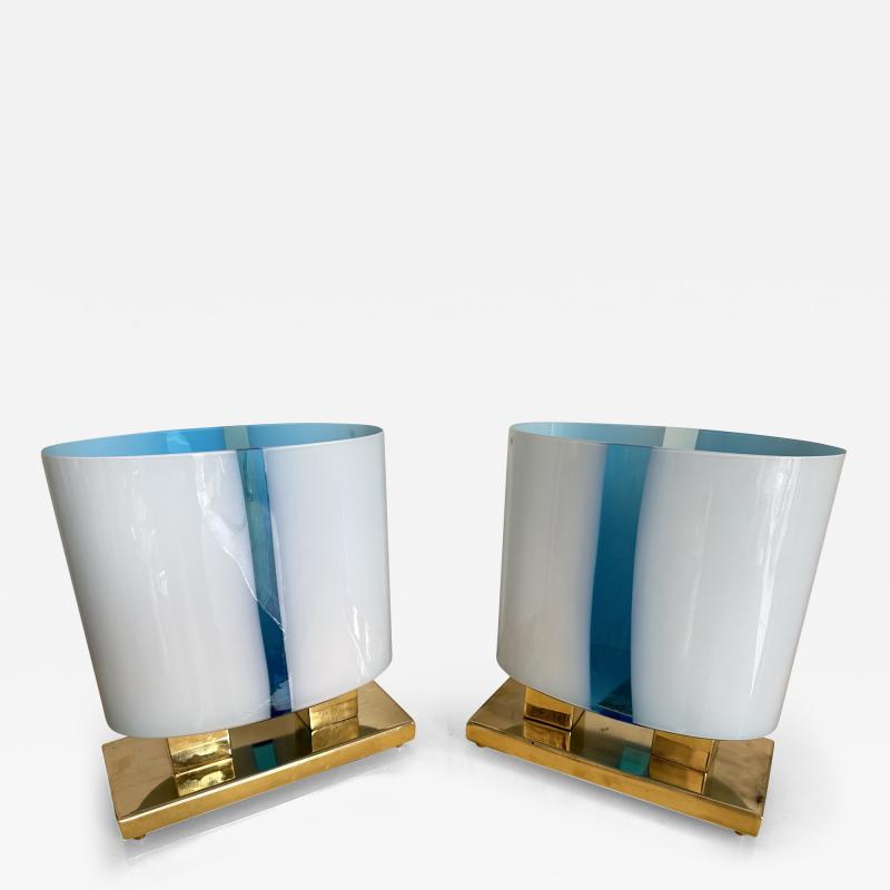 Contemporary Pair of Brass and Blue Murano Glass Lamps Italy
