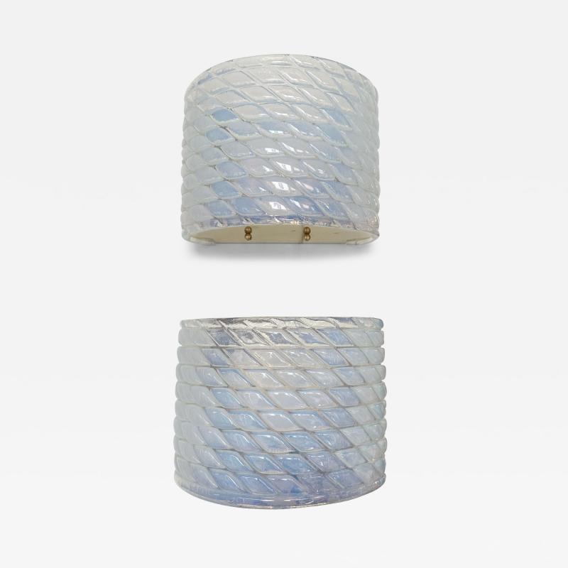 Contemporary Pair of Brass and Blue Opal Murano Glass Sconces Italy