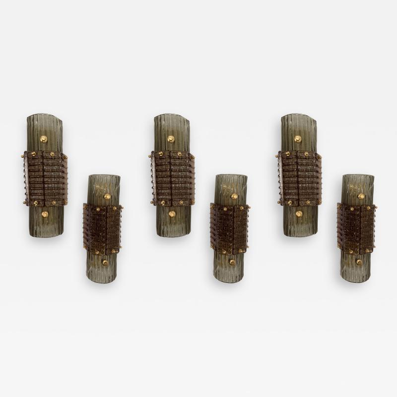Contemporary Pair of Brass and Cola Gold Leaf Murano Glass Sconces Italy