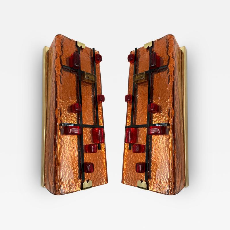 Contemporary Pair of Brass and Coral Murano Glass Sconces Italy