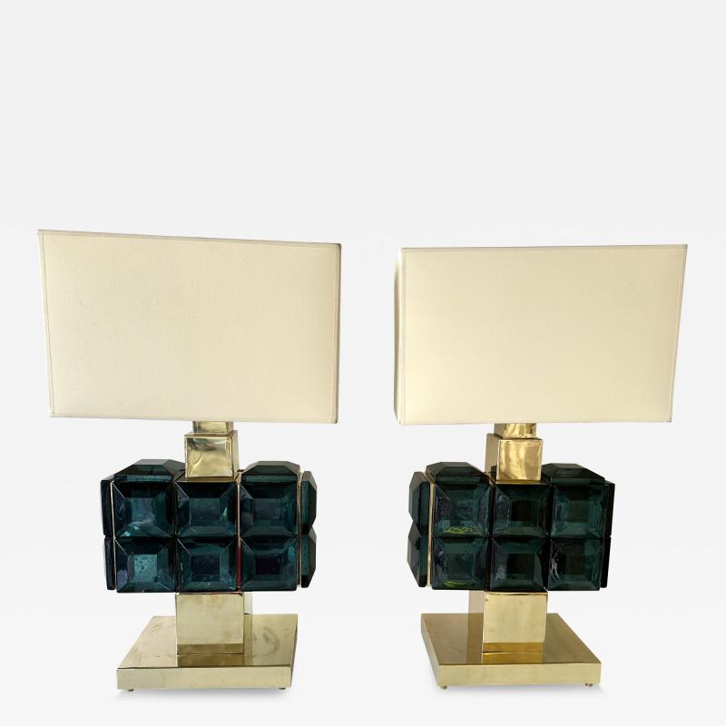 Contemporary Pair of Brass and Diamonds Murano Glass Lamps Italy