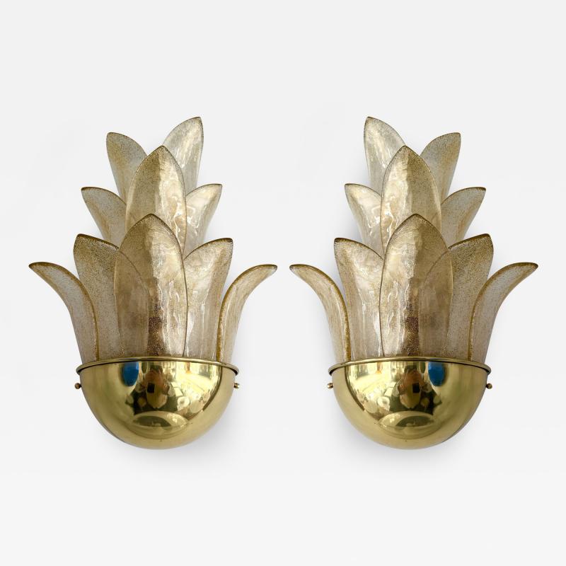 Contemporary Pair of Brass and Gilt Murano Glass Palm Tree Sconces Italy