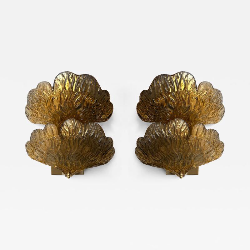 Contemporary Pair of Brass and Gold Murano Glass Palm Sconces Italy