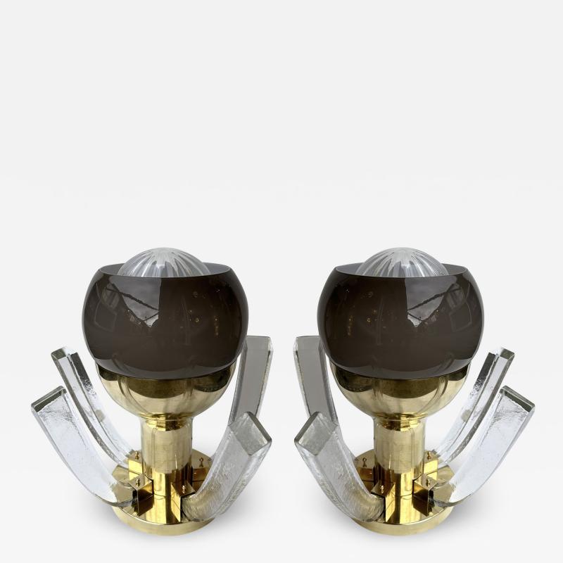 Contemporary Pair of Brass and Gray Murano Glass Flower Lamps Italy