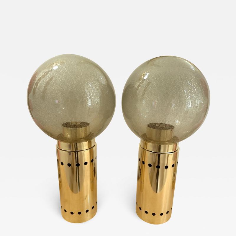 Contemporary Pair of Brass and Gray Murano Glass Globe Lamps Italy