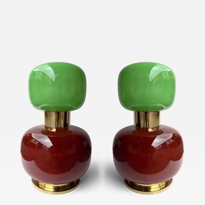 Contemporary Pair of Brass and Green Murano Glass Bulb Shade Lamps Italy