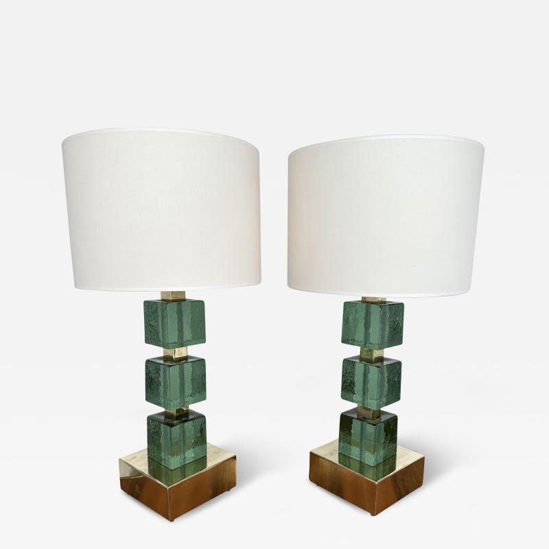 Contemporary Pair of Brass and Green Murano Glass Cube Lamps Italy