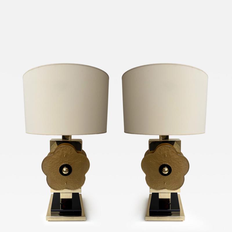Contemporary Pair of Brass and Murano Glass Big Gold Flowers Lamps Italy