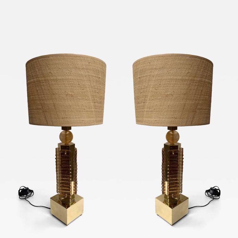 Contemporary Pair of Brass and Murano Glass Blade Robot Lamps Italy