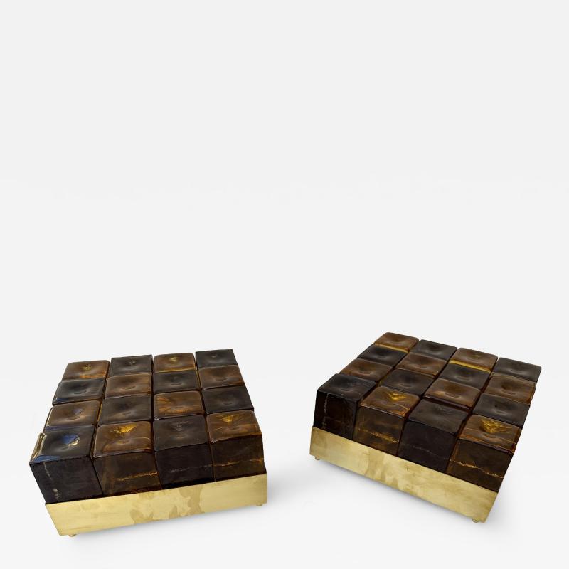 Contemporary Pair of Brass and Murano Glass Cube Marquetry Lamps Italy