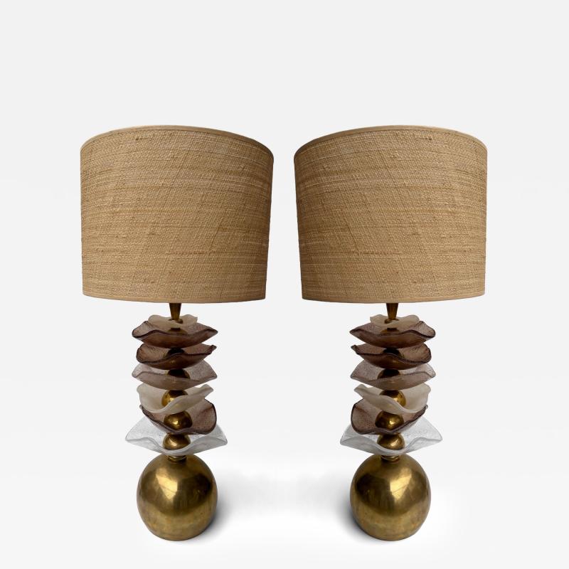 Contemporary Pair of Brass and Murano Glass Flower Lamps Italy