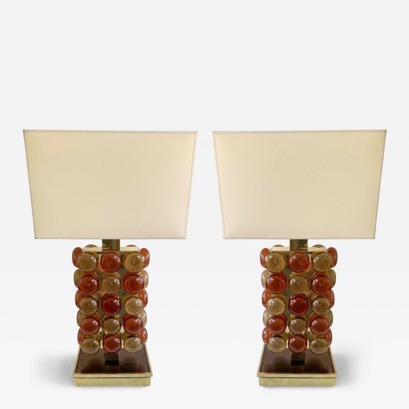Contemporary Pair of Brass and Murano Glass Macaroons Lamps Italy
