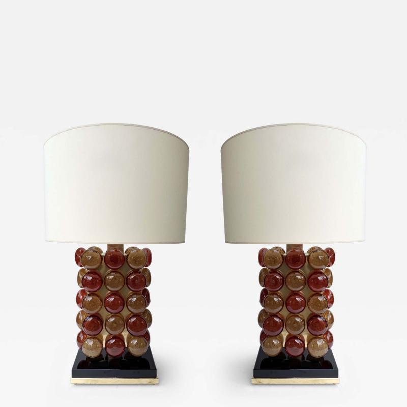 Contemporary Pair of Brass and Murano Glass Macaroons Lamps Italy