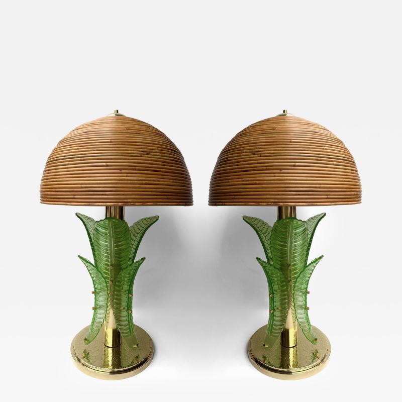 Contemporary Pair of Brass and Murano Glass Palm Tree Lamps Italy