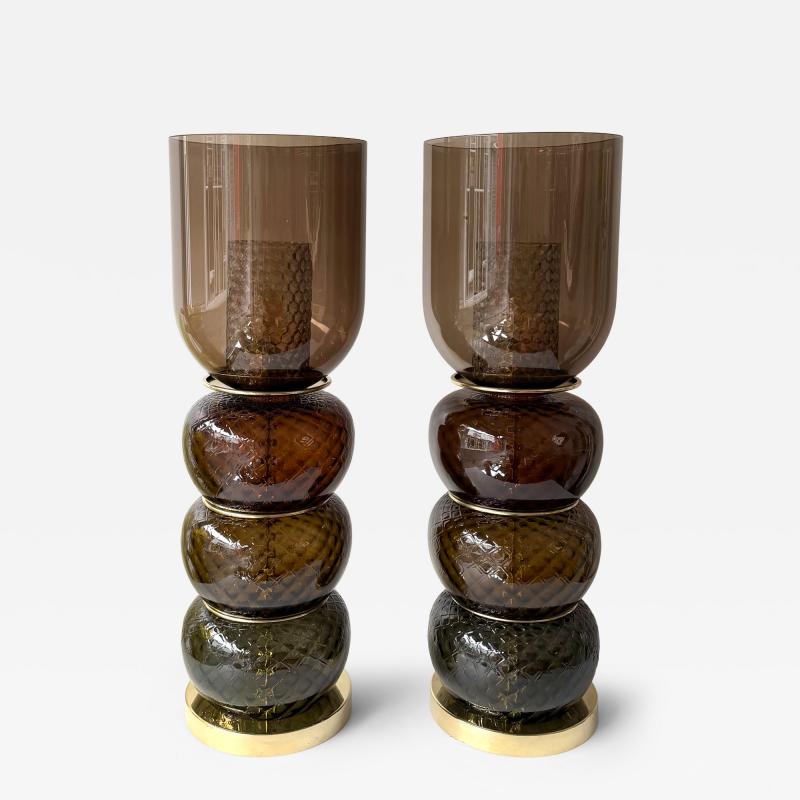 Contemporary Pair of Brass and Murano Glass Smoke Honeycomb Shades Lamps Italy