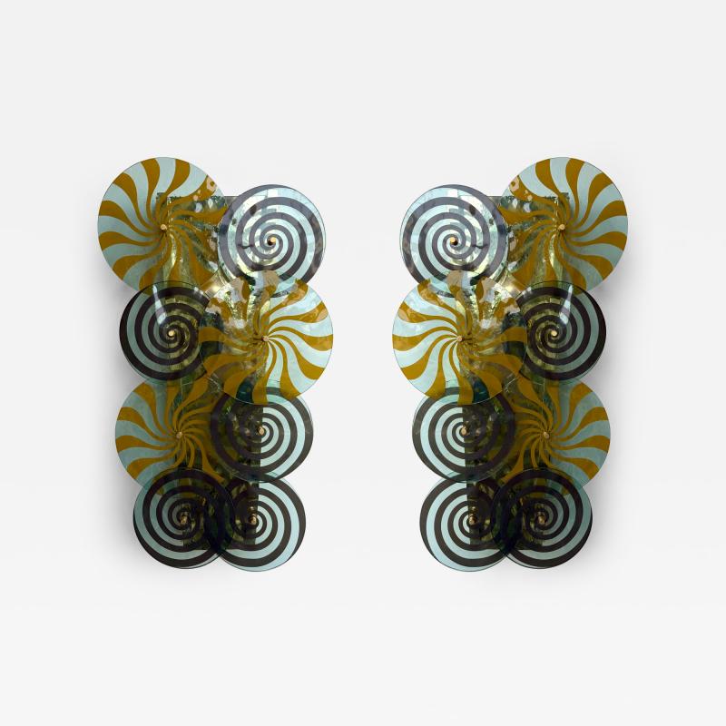 Contemporary Pair of Brass and Murano Glass Spiral Sconces Italy