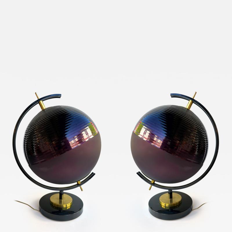 Contemporary Pair of Brass and Murano Glass World Map Style Lamps Italy