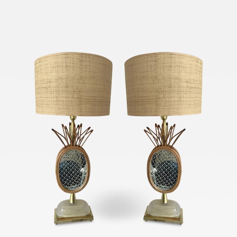 Contemporary Pair of Brass and Rattan Pineapple Mirror Lamps Italy