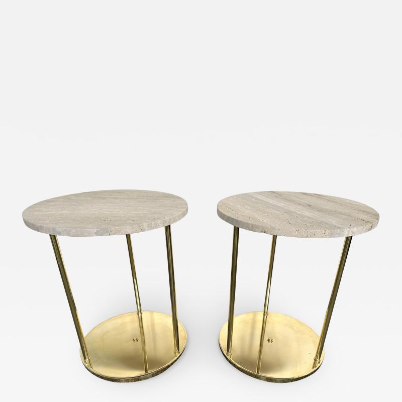 Contemporary Pair of Brass and Travertine Side Tables Italy