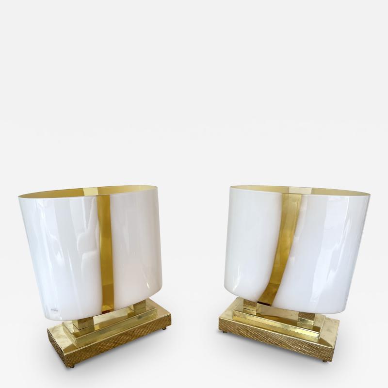 Contemporary Pair of Brass and Yellow Murano Glass Vase Flame Lamps Italy