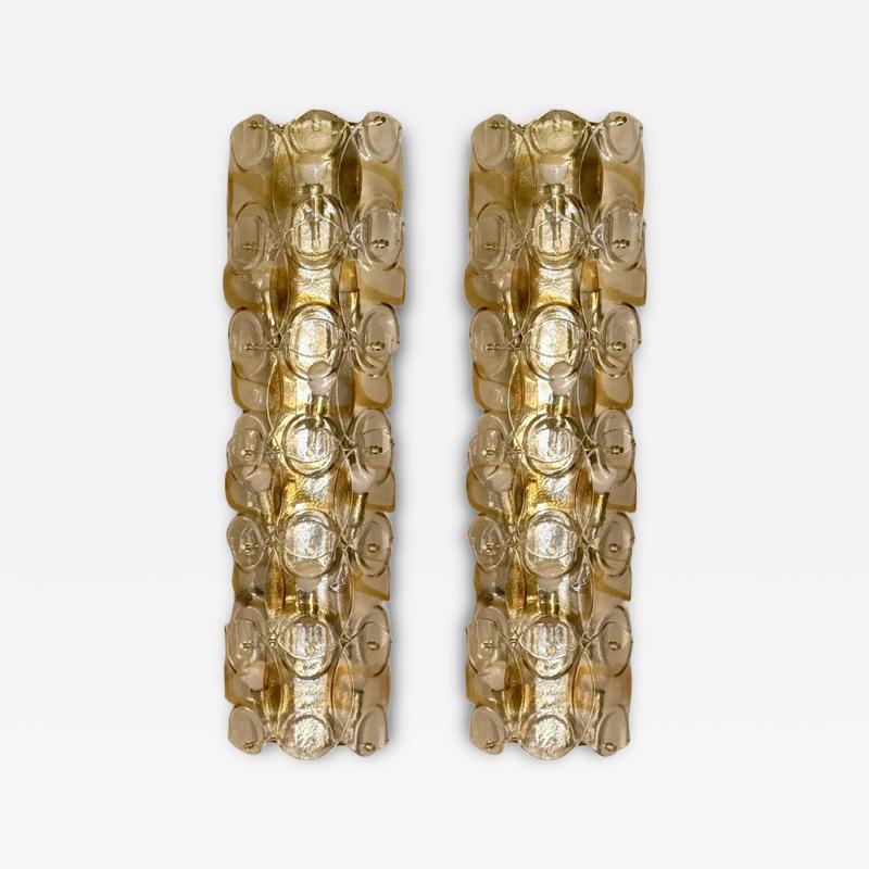 Contemporary Pair of Brass w Transparent and Amber Murano Art Glass Sconces