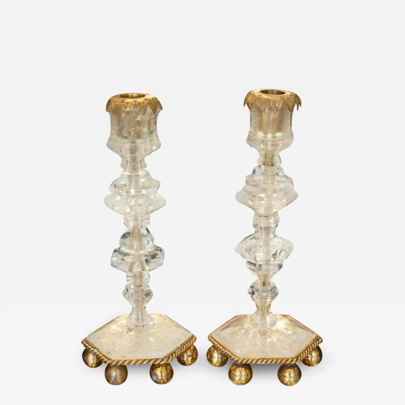 Contemporary Pair of Finely Carved Clear Rock Crystal Quartz Candlesticks