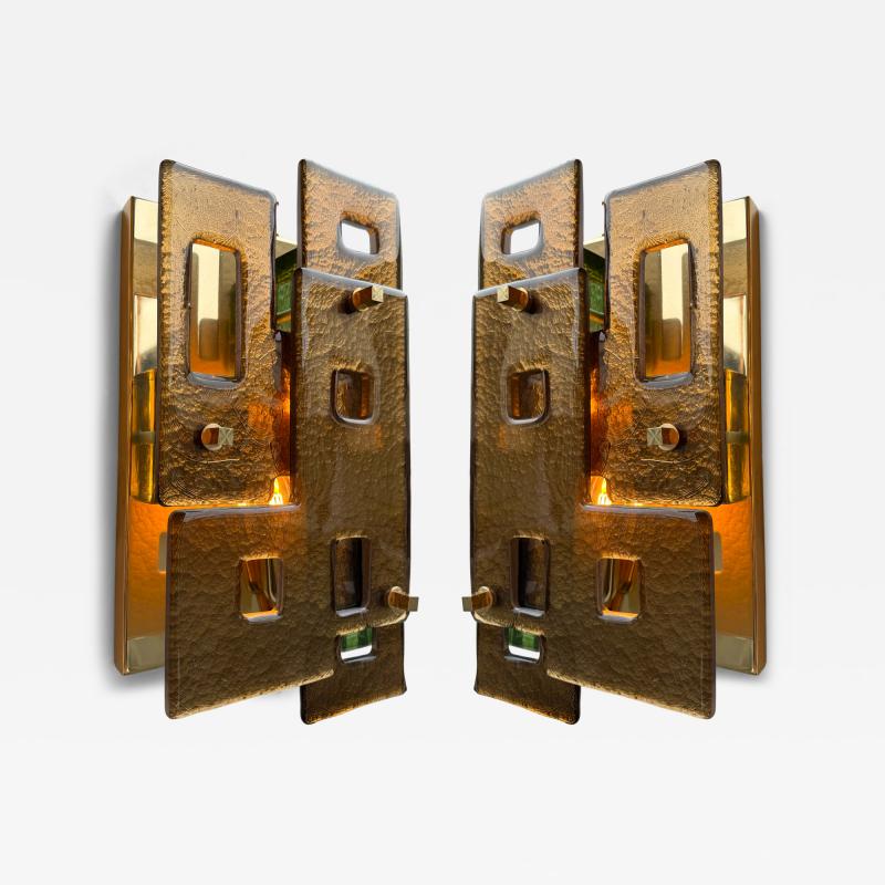 Contemporary Pair of Geometry Cola Murano Glass and Brass Sconces Italy