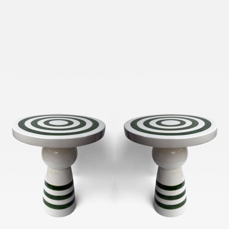Contemporary Pair of Green and White Ceramic Stripe Side Tables Italy