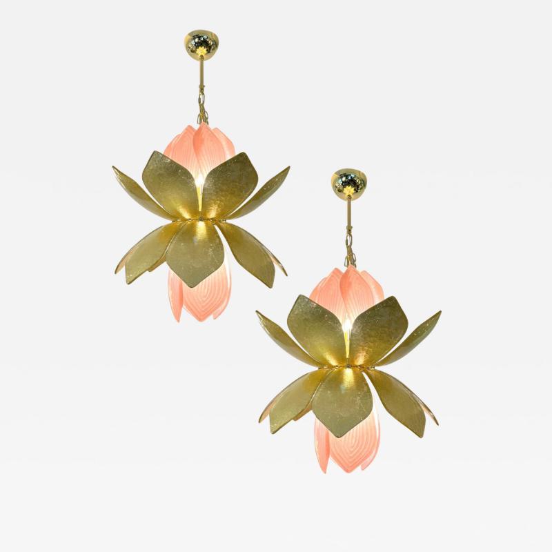 Contemporary Pair of Italian Pink Gold Murano Glass Brass Flower Chandeliers