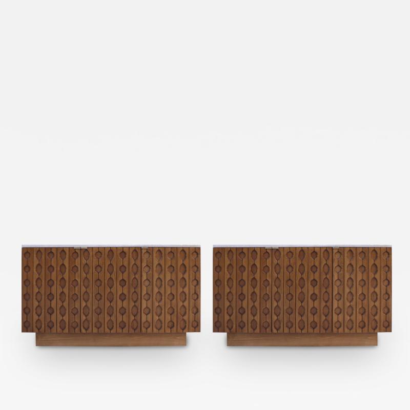 Contemporary Pair of Italian Sideboards Made of Solid Wood and Travertine