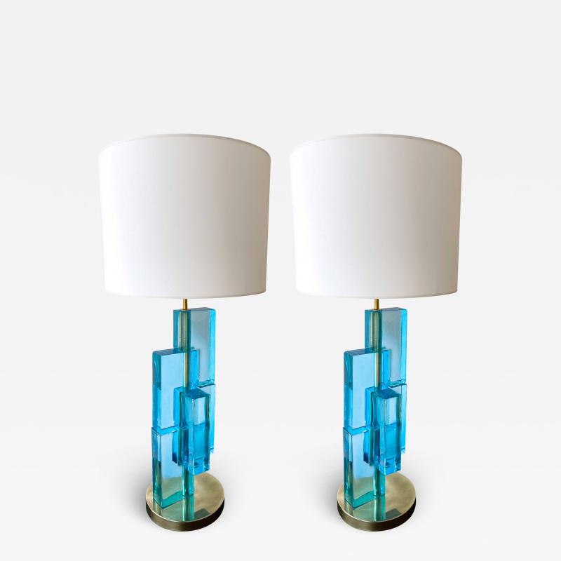 Contemporary Pair of Lamps Blue Lagoon Cubic Murano Glass and Brass Italy