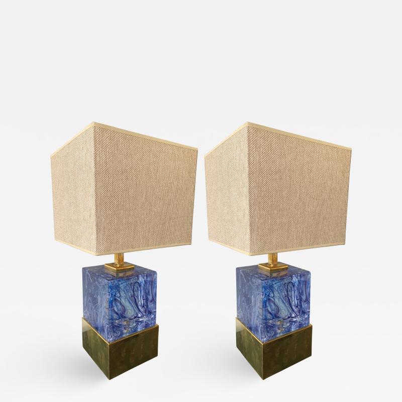 Contemporary Pair of Lamps Blue Murano Glass and Brass Italy