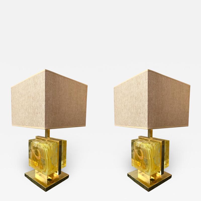Contemporary Pair of Lamps Brass Cage Murano Glass Cube Italy
