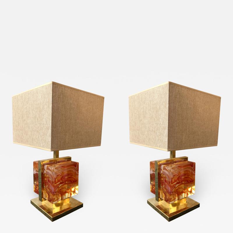 Contemporary Pair of Lamps Brass Cage Murano Glass Cube Italy