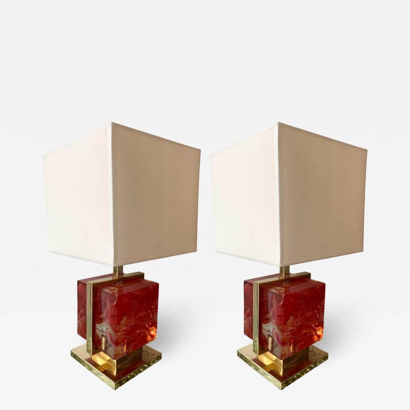 Contemporary Pair of Lamps Brass Cage Murano Glass Cube Italy