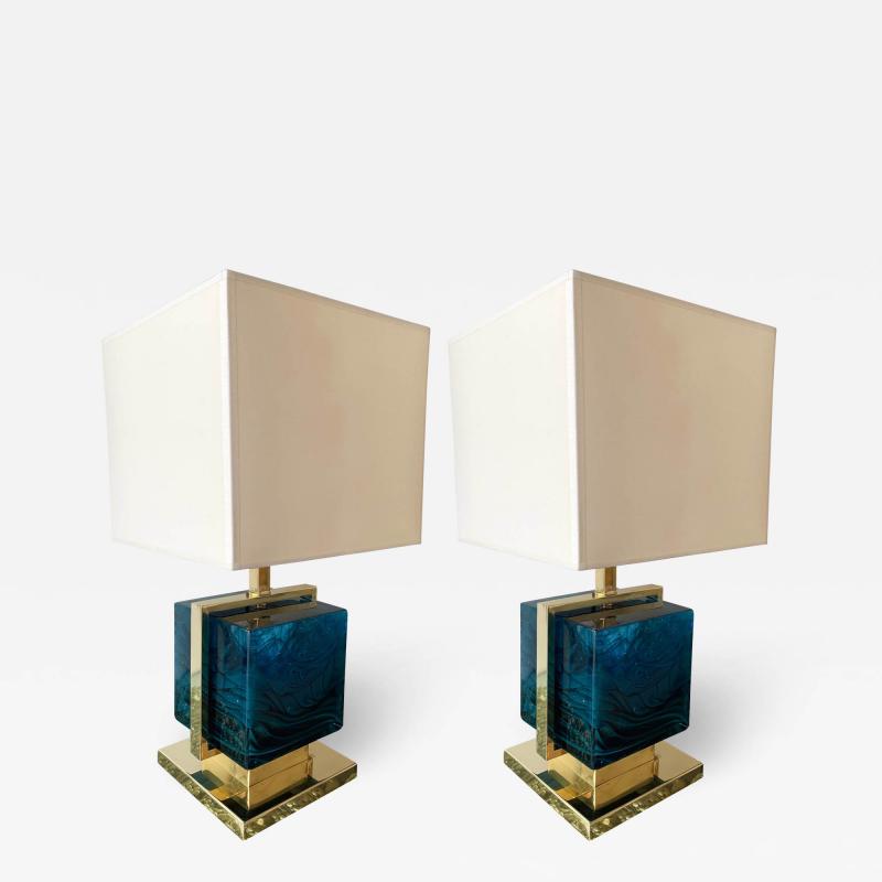 Contemporary Pair of Lamps Brass Cage Murano Glass Cube Italy