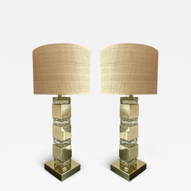 Contemporary Pair of Lamps Brass Column Cube Murano Glass Italy