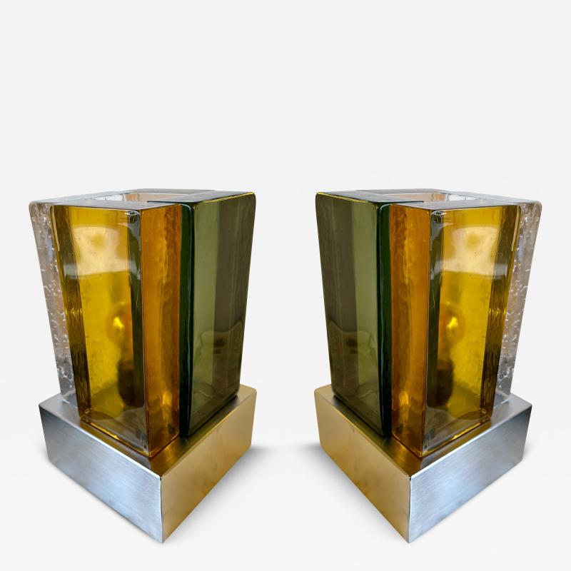 Contemporary Pair of Lamps Cubic Murano Glass and Stainless Steel Italy