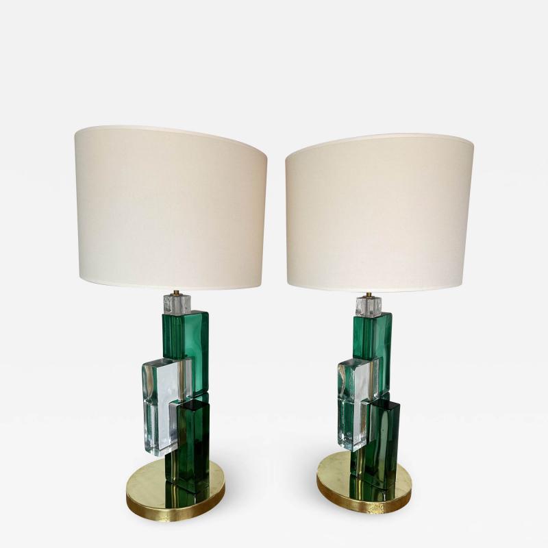 Contemporary Pair of Lamps Green Cubic Murano Glass and Brass Italy